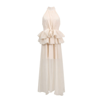 Elegant Wedding Dress Series Women Summer Turtleneck Sleeveless Waist Ruffled Maxi Dress