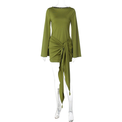 Women Clothing Autumn Solid Color round Neck Pleated Lace up Long Sleeved Slim Fit Short Dress