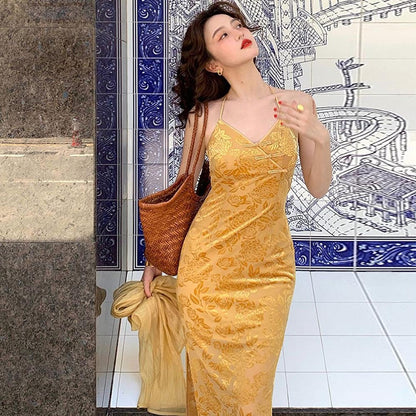 Women Clothing Spring Floral Halter Backless Office Midi Dress