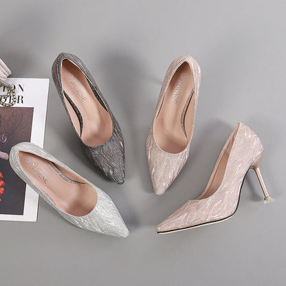 Korean Cocktail High Heels Metal Heel High Heel Low Cut Pointed Shining Sequin Cloth Pumps