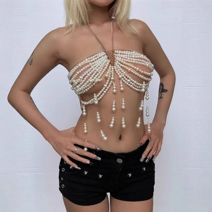 Body Cha Halter Baroque Women Sexy Breastpin Bra Beaded Pearl Vest
