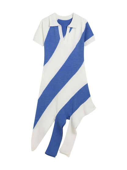 Slim Fit Knitted Dress Collared Polo Collar Tassel Striped Color Matching Personality Short Sleeve Dress