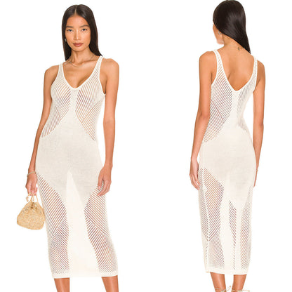 Knitted Hollow Out Cutout out V-neck Vest Skirt Holiday Casual Beach Bikini Cover 2 Colors