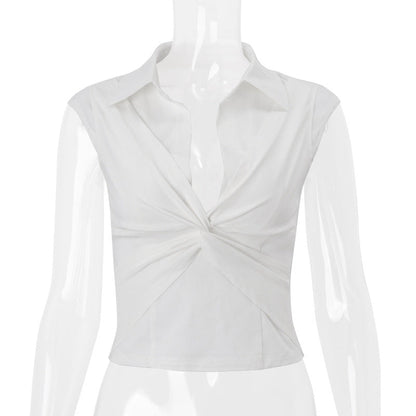 Women Clothing Summer Sexy Polo Collar Twisted Short Solid Color Cropped T shirt Top for Women