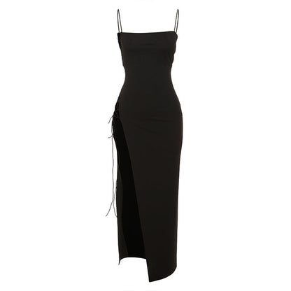 Spring Women Clothing Sexy Solid Color Side Slit Strap off Neck Sling Dress Women