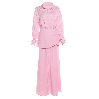 Women Clothing Fall Collared Long Sleeve Shirt Solid Color Waist Seal Skirt Three Piece Set