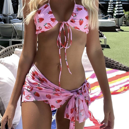 Three Piece Mesh Fresh Girl Drawstring Strap Swimsuit Bikini