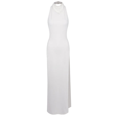 Hollowed out Halter Backless High Bifurcated Rivet Diamond Women Clothing Solid Color Dress