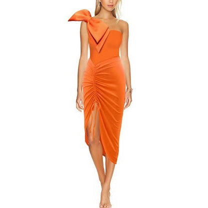French Swimsuit Solid Color Pleating Oblique Shoulder Bow Two Piece Swimsuit Women