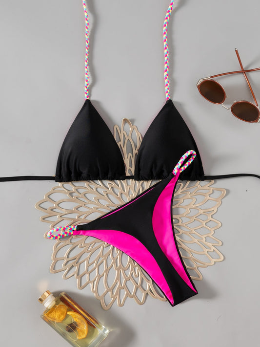 Bikini Contrast Color Lace Up Solid Color T Back Sexy Bikini Split Swimsuit for Women