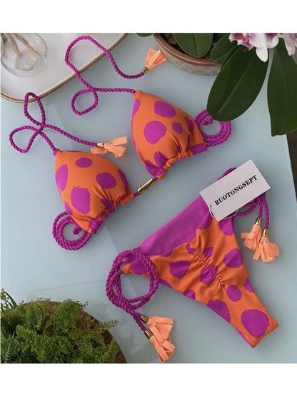 Bikini Soft Bag Low Waist Braid Rope Printed Women Seperated Swimwear Multi Color Swimsuit