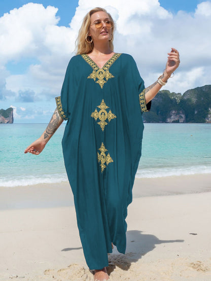 Rayon Gold Thread Embroidery Beach Cover up Sexy Loose Embroidery Vacation Skirt Beach Cover Up