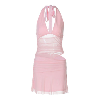Women Clothing Sexy Deep V Plunge Stitching Mesh Hollow Out Cutout Hip Wrapped Short Halter Dress