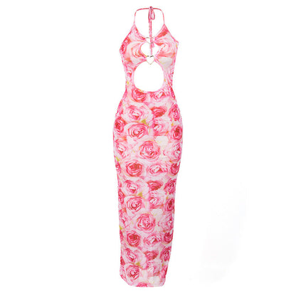 Summer Sleeveless Floral Print Lace Up Long Heart Stitching Hollow Out Cutout Dress