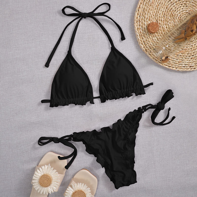 Lace up Halterneck Women Split Triangle Bikini Sexy High Waist Swimsuit