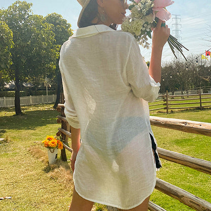 Vacation Sun Protection Coat Solid Color Loose Breathable Casual Long Sleeved Shirt Sun Protection Pullover Blouse Crochet hook