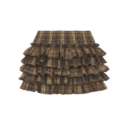 Korean Sweet Girl Preppy Plaid Puff Sleeve Shirt Irregular Asymmetric Hem Waist Slimming Single Breasted Cardigan Top Skirt Sets
