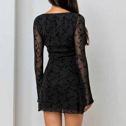 Peach Collar Waist See through Dress Autumn Sexy Long Sleeve Hip Dress