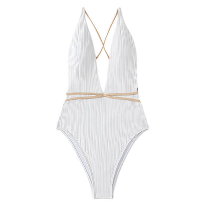 Beach Swimwear Solid Color V neck Backless Quick Drying One Piece Swimsuit Bikini Swimwear Women