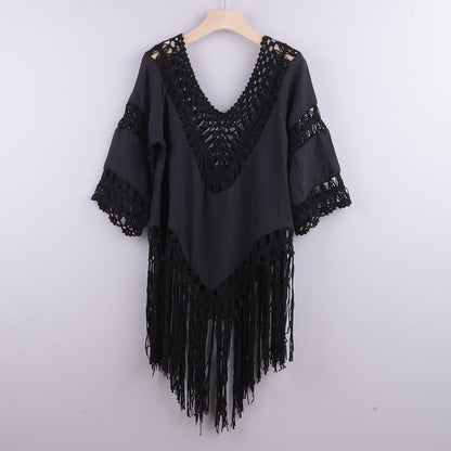 Hand Crocheting Patchwork Solid Color Hollow Out Cutout out Beach Irregular Asymmetric Tassel Cover up Bikini Swimsuit