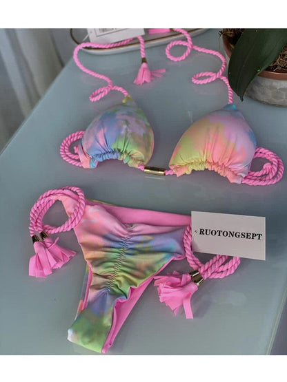 Bikini Soft Bag Low Waist Braid Rope Printed Women Seperated Swimwear Multi Color Swimsuit