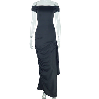 Women Clothing Solid Color Raglan Sleeve Dress Diagonal Collar Casual Ribbon Pullover