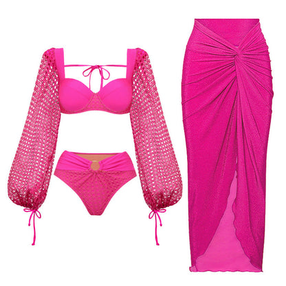 Hollow Out Cutout out Long Sleeve Two Piece Swimsuit Women High Waist Bikini