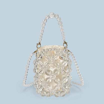 Transparent Irregular Asymmetric Hand Woven Acrylic Crystal String Beads Cocktail Mobile Phone Bag Cross Body Bucket Pouch