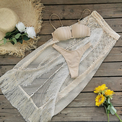 Bikini Half Length Tulle Skirt Tassel Three Piece Set Sexy Split Swimsuit Beach