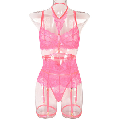 Sexy Three Piece Summer Lace Eyelash Lace Stitching with Halter Foot Ring