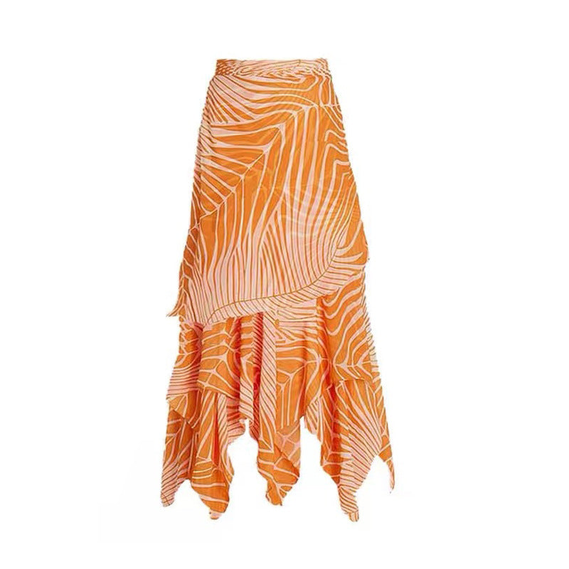 Retro Split Swimsuit Sexy One Shoulder Swimsuit Chiffon Beach Skirt Set for Vacation