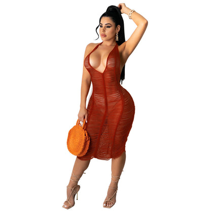 Women Clothing Sexy See through Hollow Out Cutout Beach Dress