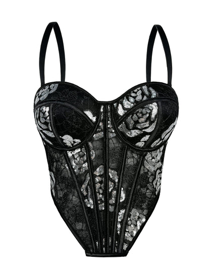 Sequined Floral Boning Corset Corset Chest Pad Slim Fitting Suspenders Vest Outer Wear Boning Corset Top Party Tube Top