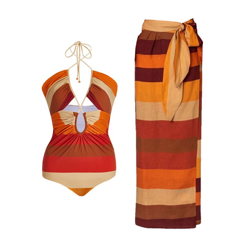 One Piece Bandage Swimsuit Women Tight Vintage Stripe Spring Swimsuit Chiffon Skirt Set