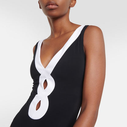 Black White Simple Hollow Out Cutout Out Swimsuit Women Skirt Set