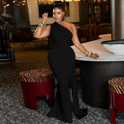 Women Clothing Tied Slim Fit Design Slimming Hip Pleated Diagonal Collar Shoulder Solid Color Length Dress