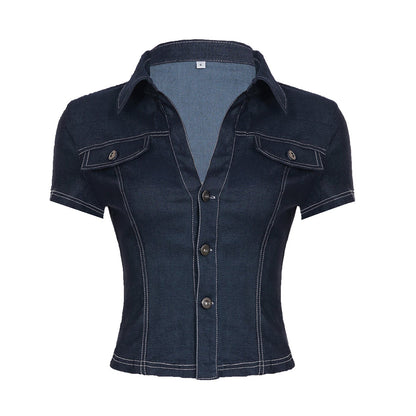 Women Clothing Street Tooling Imitation Denim Slim Pocket Lapels Slimming Short Sleeve Shirt Women