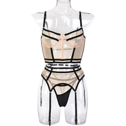 Sexy Three Piece Autumn Skin Color Mesh Stitching Plastic Bones High End Sexy Three Piece Suit