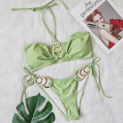New Sexy Swimsuit Metal Accessories Hollow Out Cutout Bikini Solid Color Tube-Top Strap Women Swimsuit
