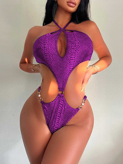 One Piece Hollow Out Cutout Sexy Pearl Buckle Halter Women Swimsuit Bikini One Piece Swimsuit