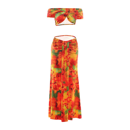 Women Spring Clothing Pattern Print Sexy Drop Shoulder Hollow Out Cutout Low Waist Cropped Skirt Set