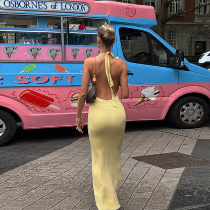 Women Clothing Summer Sexy V neck Halter Backless High Waist Slim Solid Color Dress
