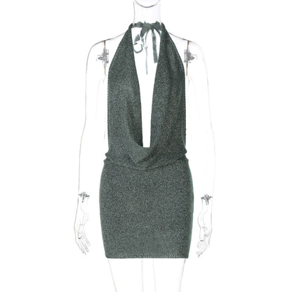 Women Clothing Winter Sexy V neck Backless Lace up Wool Dress