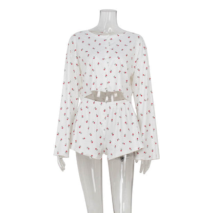 Girls Sexy Long Sleeved Cardigan Short Top Floral Wooden Ear Home Casual Suit Shorts Two Piece Sets