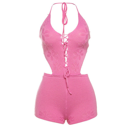 Women Clothing Spring Summer Knitted Sexy Cutout Solid Color Halter Lace up Backless Siamese Shorts Women
