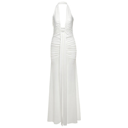 Spring Summer Women Elegant Sexy Deep V Plunge neck Halter Slim Pleated Dress Women