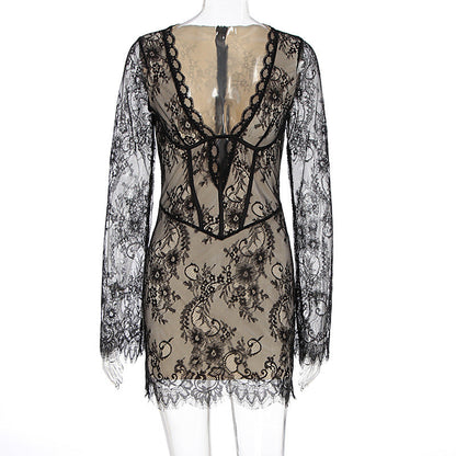 Women Clothing Autumn Sexy Adult Lady like Woman Lace Deep V Plunge Long Sleeve Slim Hip Bag Dress