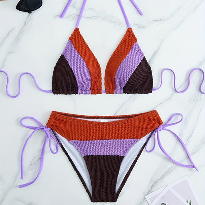 Women Seperated Swimwear Bikini Color Matching Drawstring Backless Sexy Swimsuit Bikini