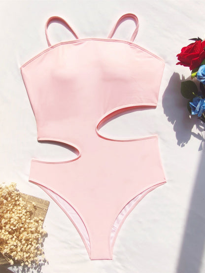 Bikini Double One-Piece Swimsuit Pink Bikini Swimsuit Women Swimwear Hollow Out Cutout out Solid Color
