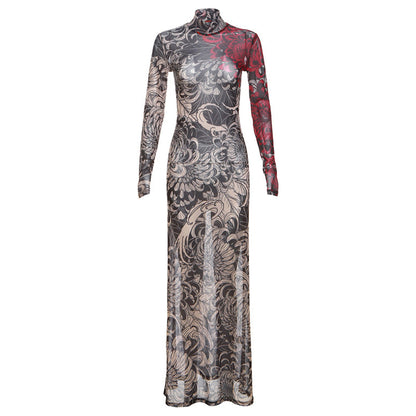Women Clothing Spring Retro Mesh Personalized Printed Turtleneck Slim Slimming Dress for Women